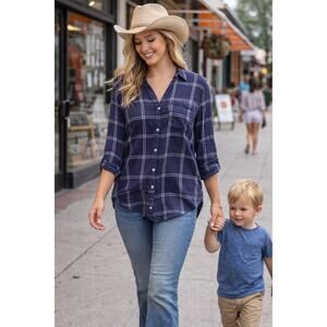 Women Navy Windowpane Button Up Shirt M High Low 3/4 Sleeve